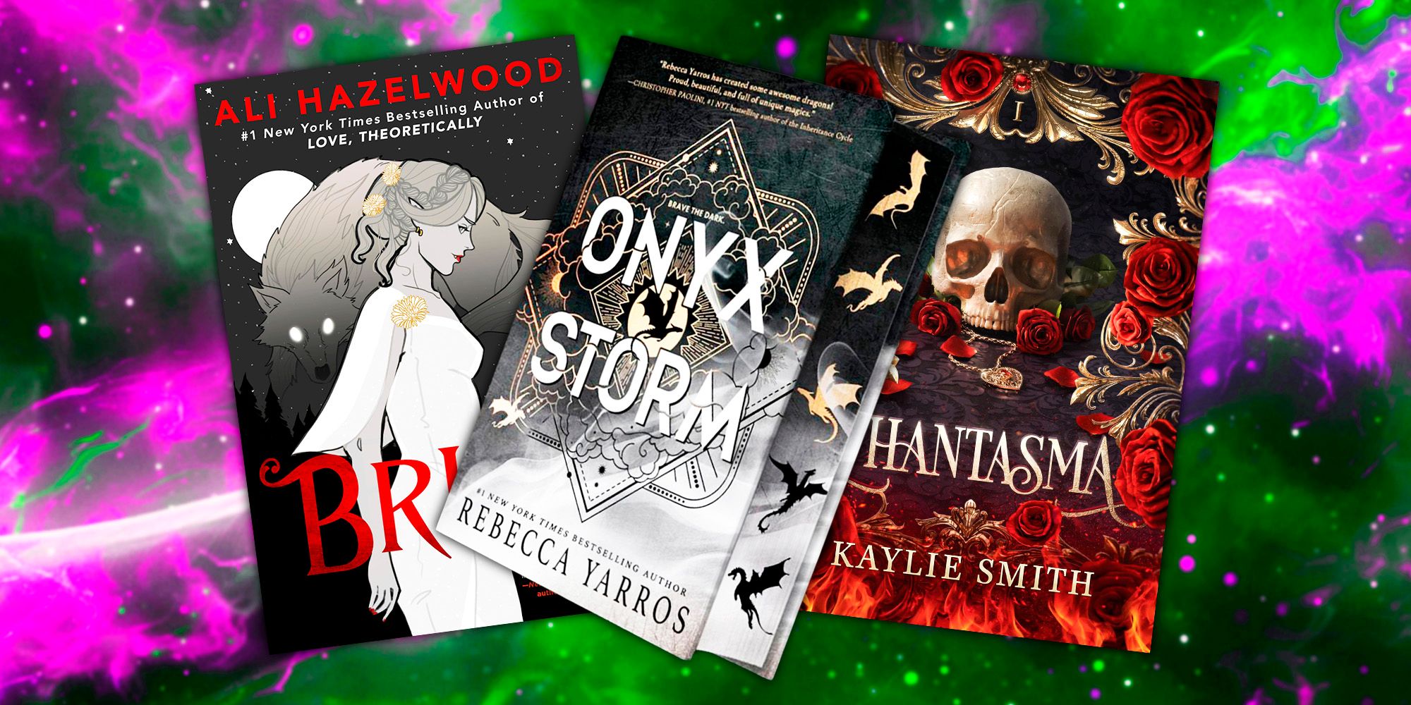 Bride by Ali Hazelwood, Phantasma by Kaylie Smith, and Onyx Storm in the middle