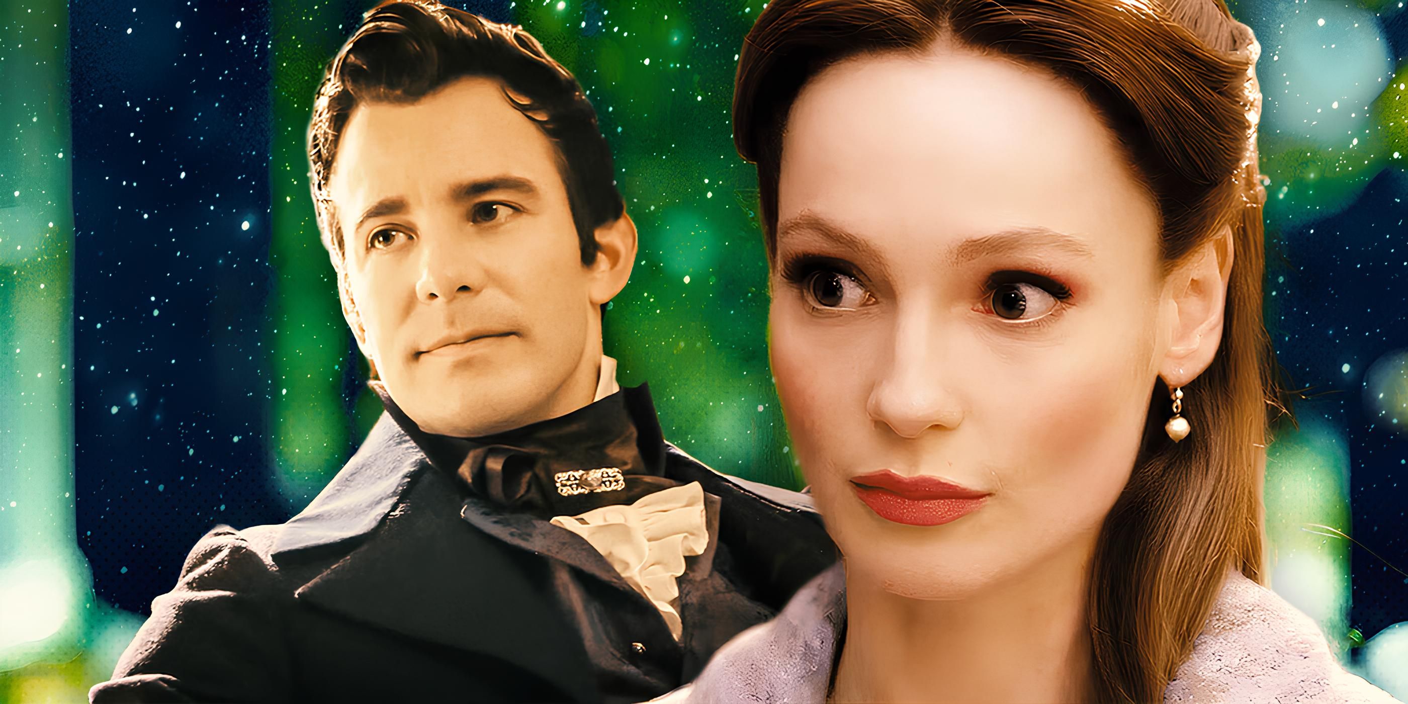 Cutouts of Benedict Bridgerton (Luke Thompson) & Francesca Bridgerton (Hannah Dodd) against a sparkling green background.