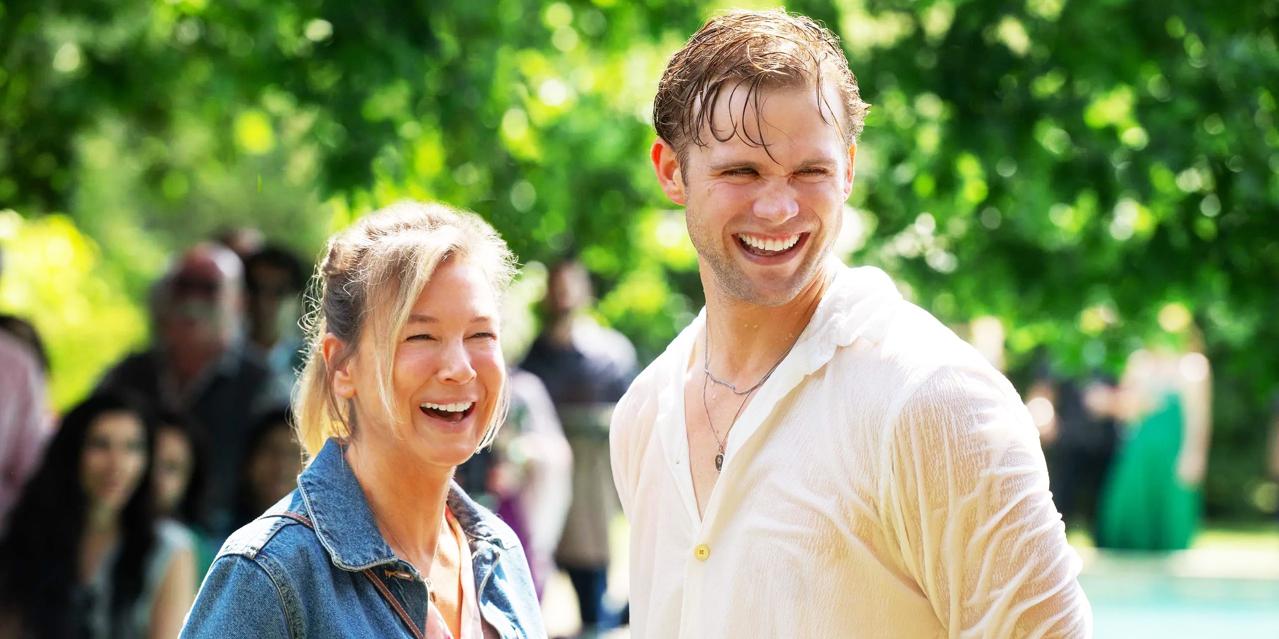 Renee Zellweger as Bridget and Leo Woodall as Roxster wet and smiling in Bridget Jones Mad About the Boy