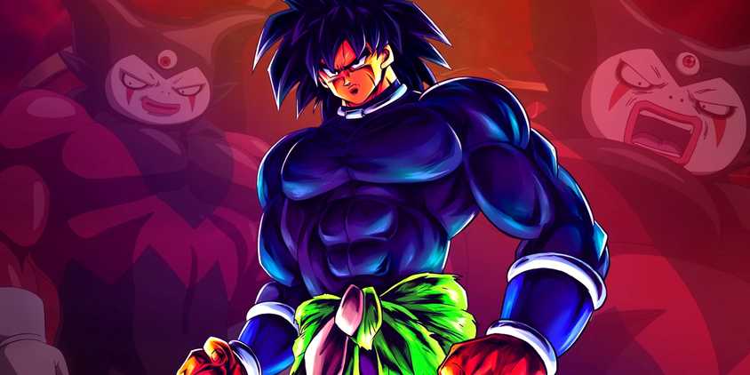 Broly in a fighting stance, prepared for a battle. Behind him, images of Gomah can be seen.