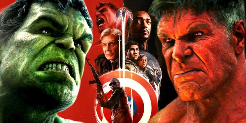 Bruce Banner's Hulk faces off against President Ross' Red Hulk in front of the Captain America Brave New World poster