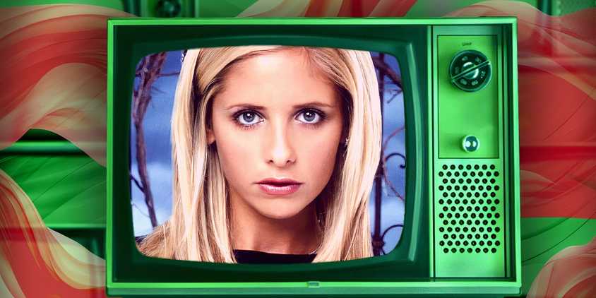 Buffy from Buffy the Vampire Slayer inside a tv with red streams behind it