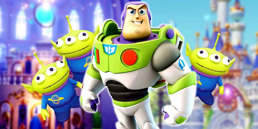 buzz lightyear in the disney dreamlight valley castle with alien toys
