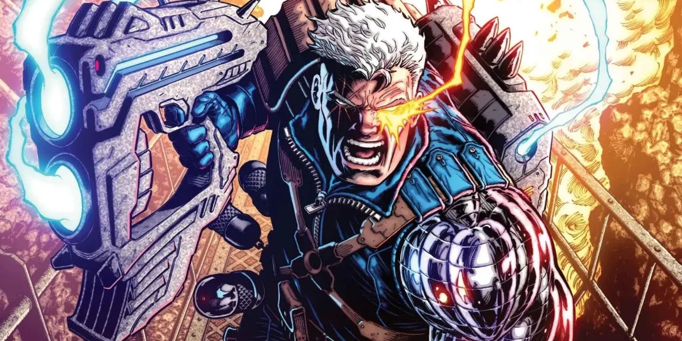 Cable wielding a giant gun, screaming and charging into battle.