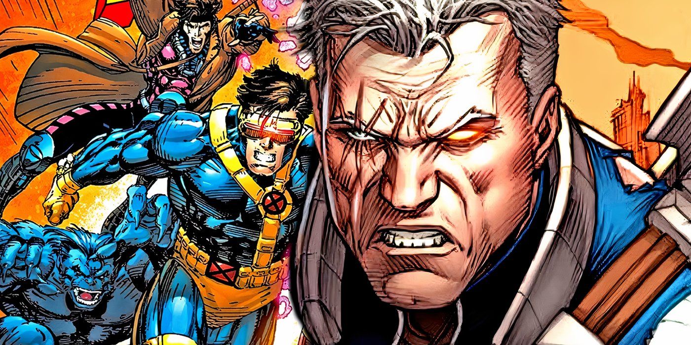 Cable with Cyclops and the rest of the X-Men charging into battle behind him.