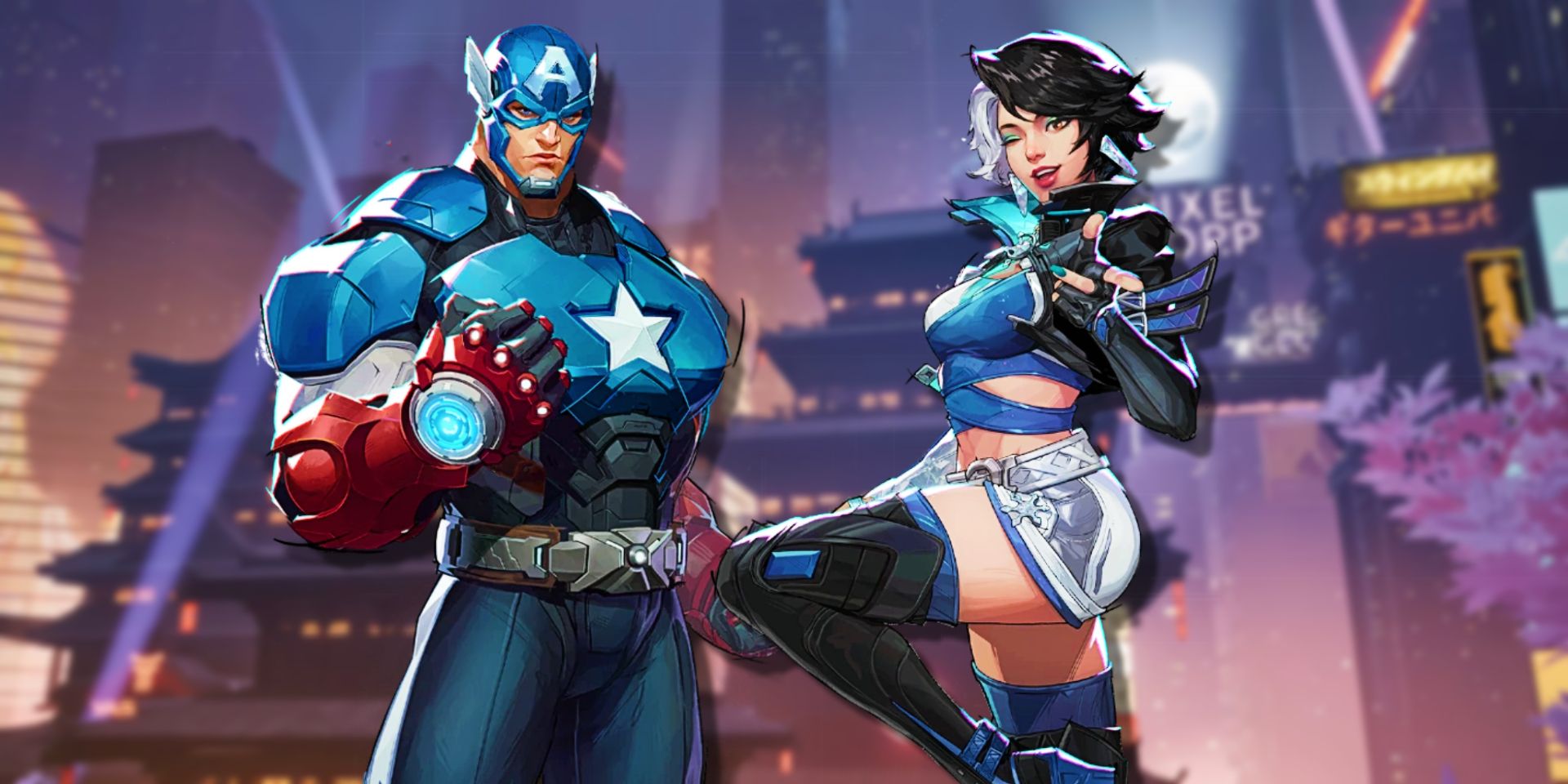 Captain America and Luna Snow in front of the Shin-Shibuya map from Marvel Rivals.