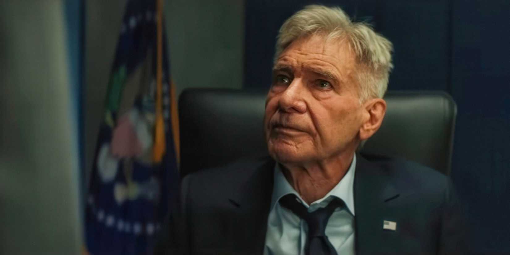 Harrison Ford as President Thaddeus Ross sitting in a chair in his bunker in Captain America Brave New World