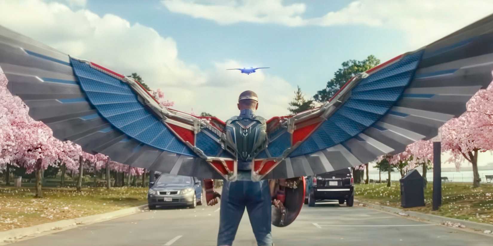 Captain America- Brave New World shot of Captain America stood with the costume's wings out