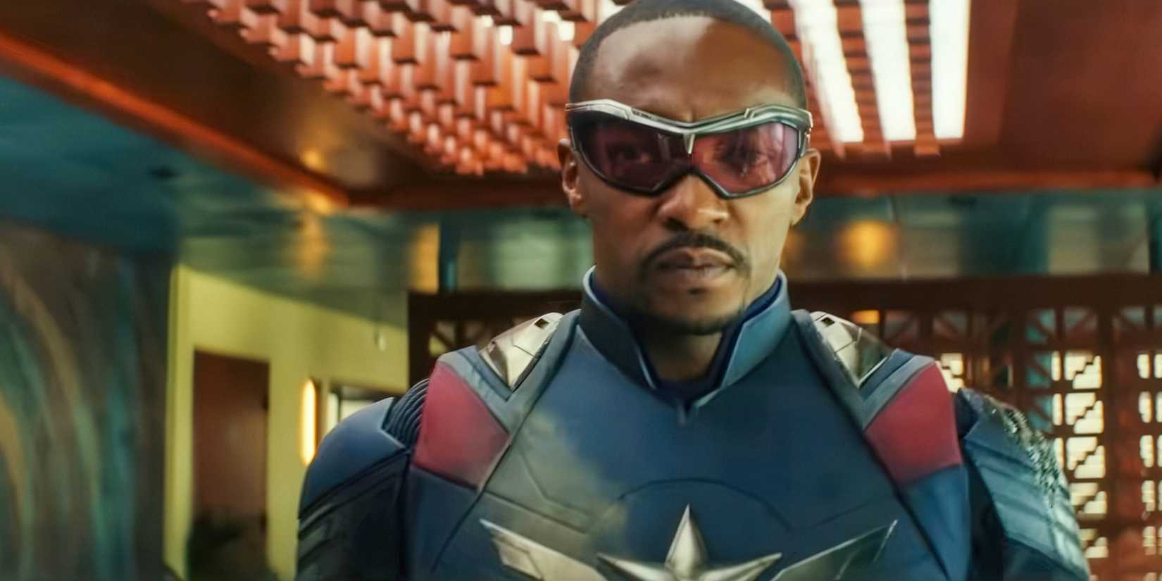 Anthony Mackie as Sam Wilson wearing his uniform in Captain America Brave New World