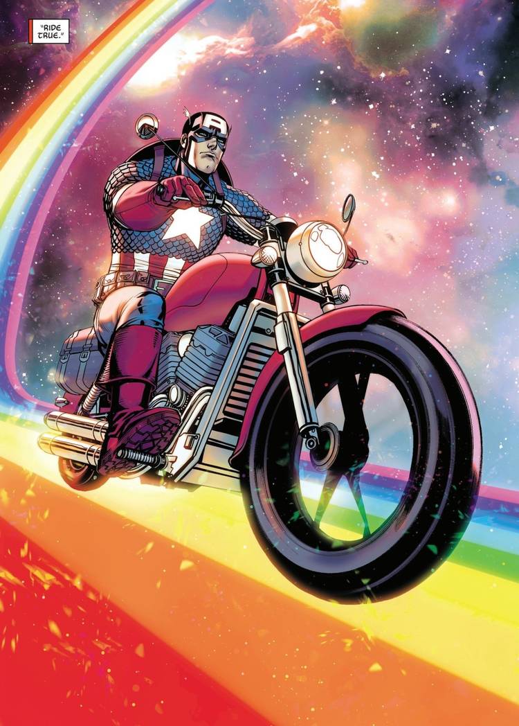 Captain America rides his motorcycle across Asgard's rainbow Bifrost bridge. 