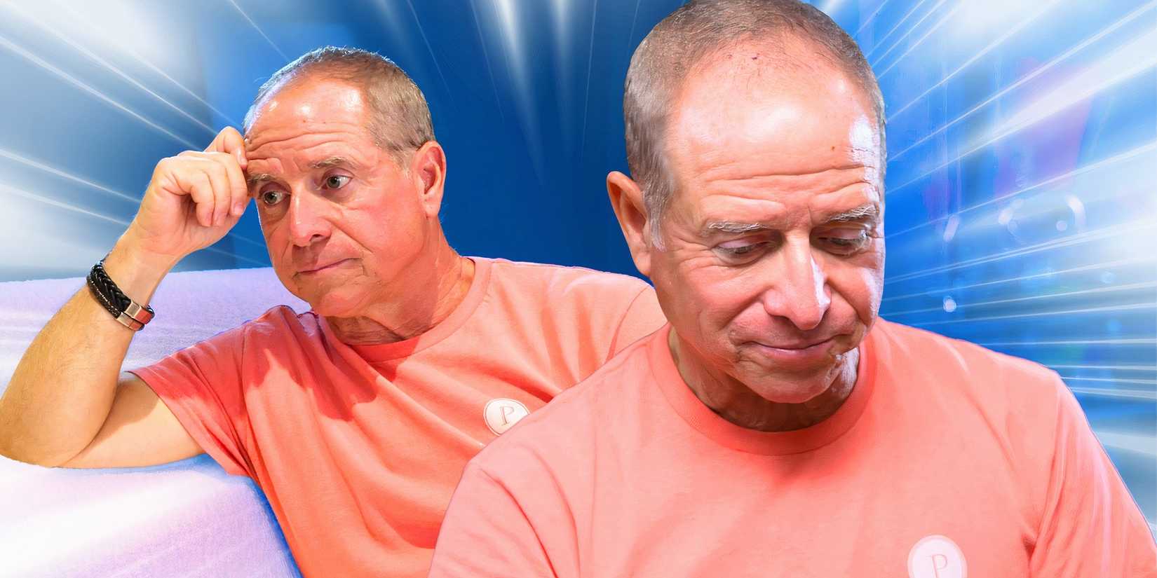 Captain Glenn Shephard from Below Deck Sailing Yacht in two montages in peach shirt with blue background