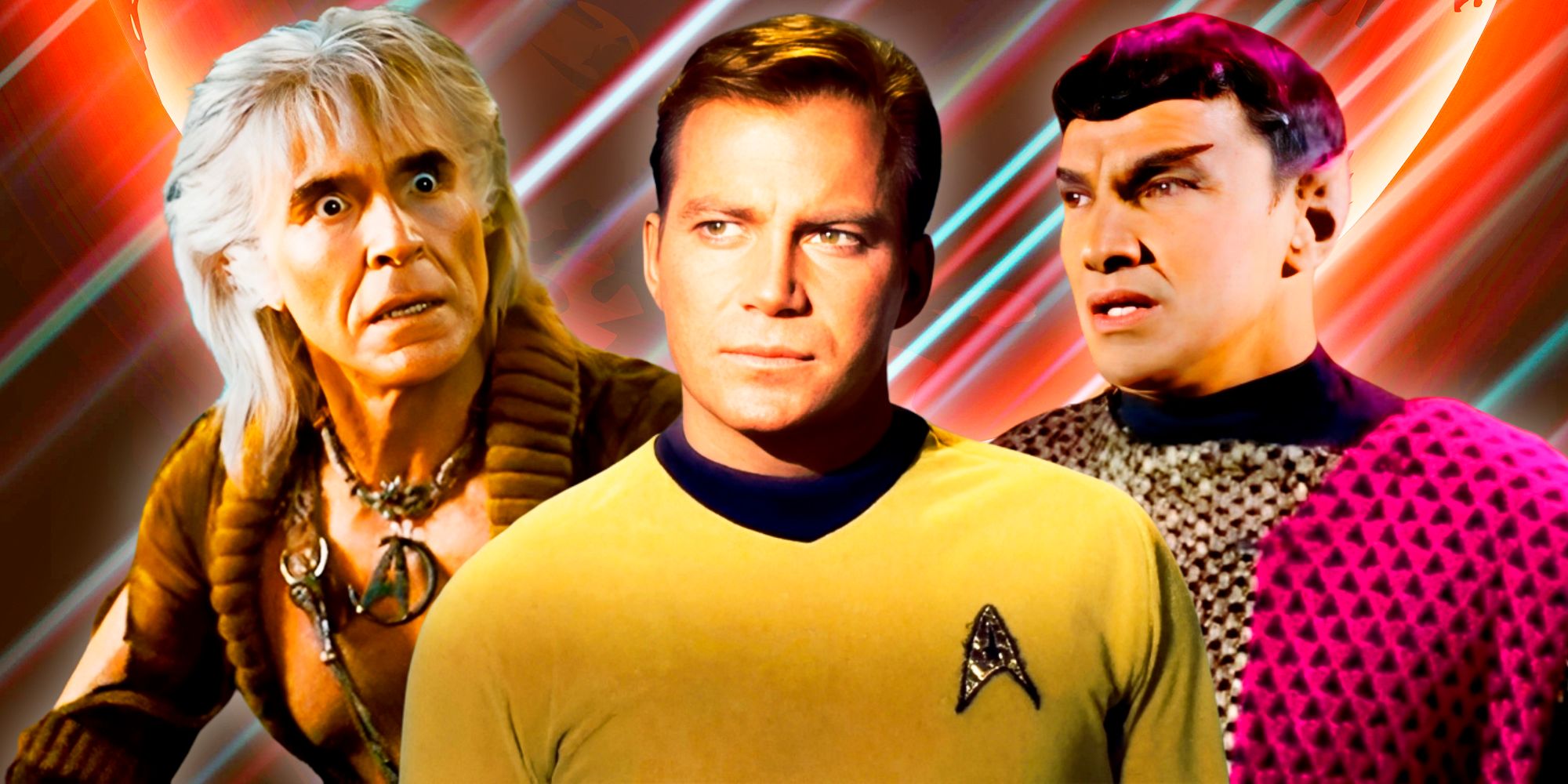 Captain Kirk (Shatner) from 1960s Trek in the center with Khan (Ricardo Montalban) from Wrath of Khan & the Romulan Commander (Mark Lenard) from TOS Balance of Terror