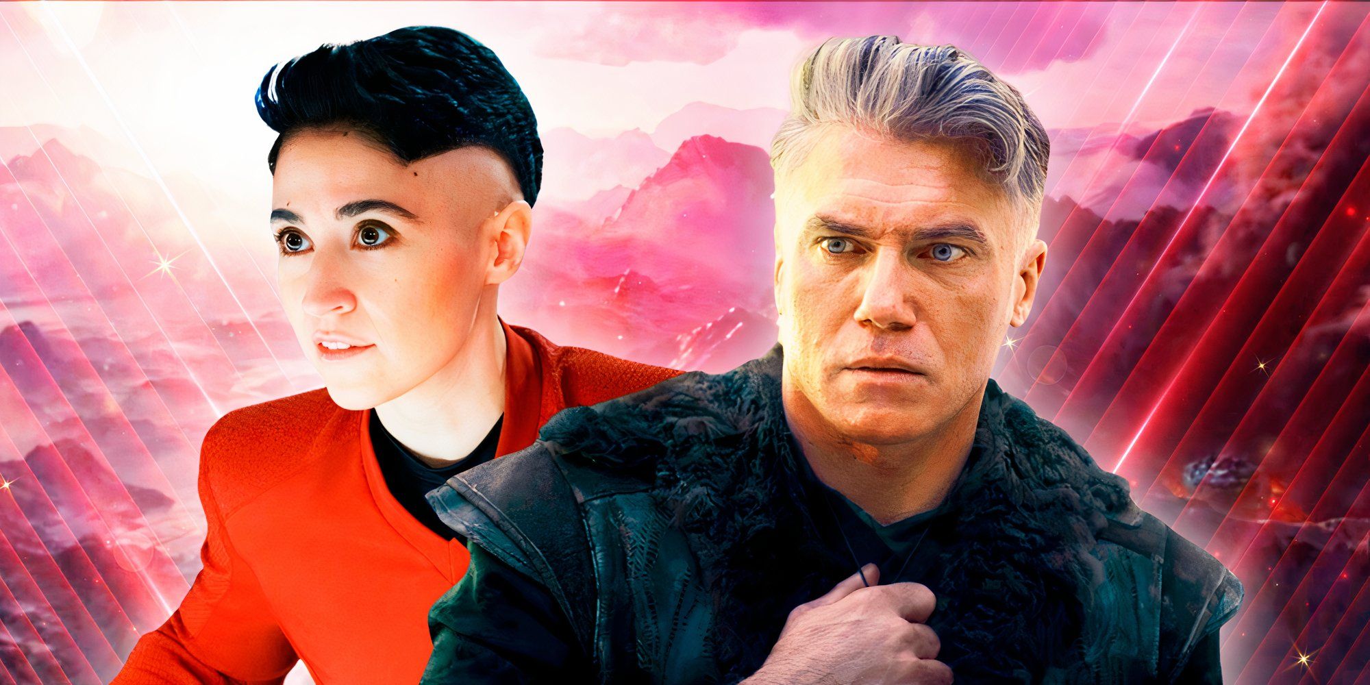 Captain Pike (Anson Mount) &amp; Lt. Erica Ortegas (Melissa Navia), both from Star Trek Strange New Worlds Among the Lotus Eaters