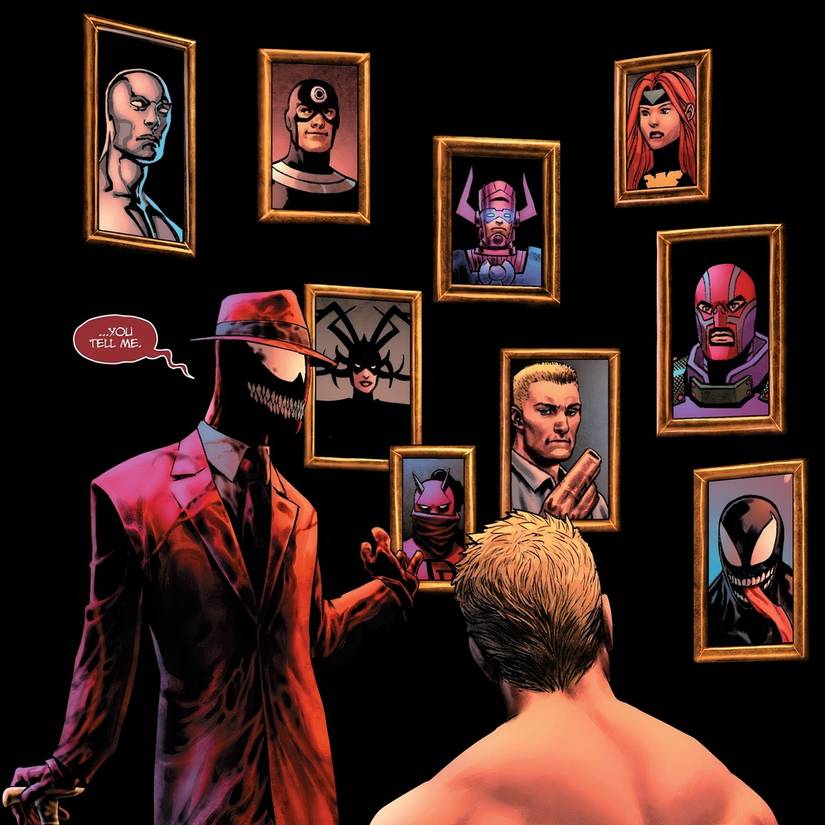 Carnage showing Eddie Brock a list of potential hosts.