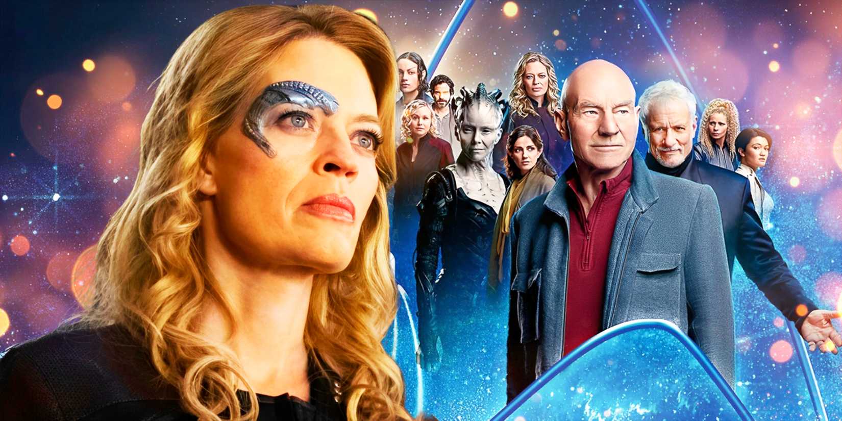 Custom Star Trek: Picard image of Jeri Ryan as Seven of Nine with the season 2 cast in the background