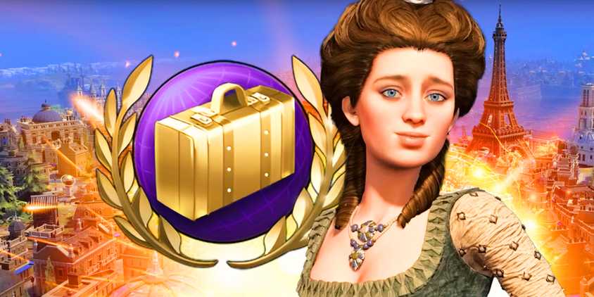 Catherine the Great over an image of Civ 7 Wonders