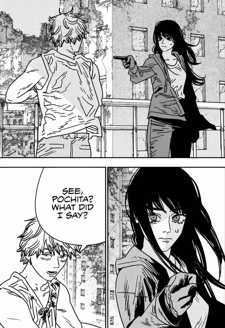 Asa pointing her arm gauntlet at Denji who watches unsurprised in Chainsaw Man chapter #194.