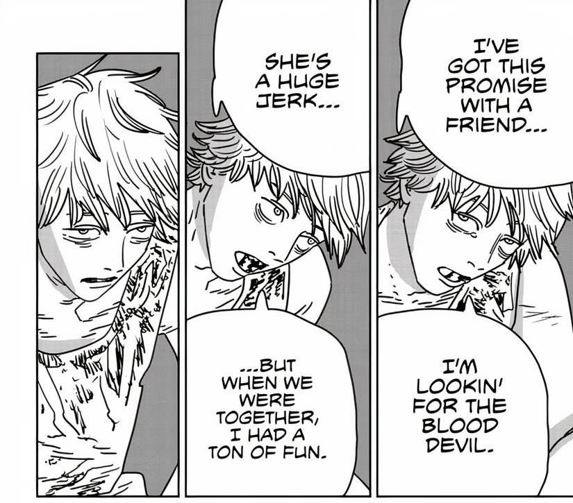Denji explaining to Yoru that he's looking for the Blood Devil in Chainsaw Man chapter #192.