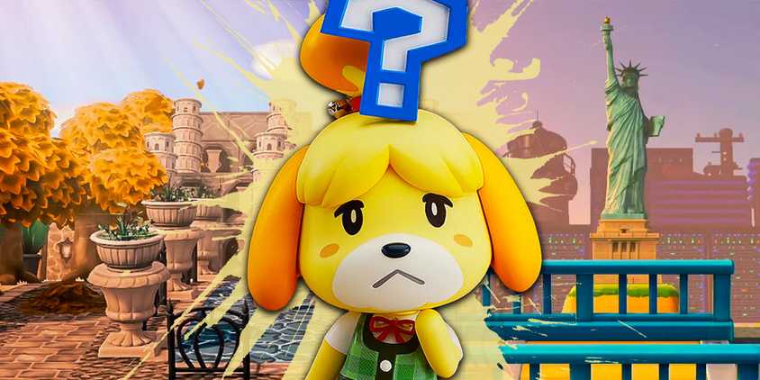 Character from Animal Crossing looking curious with imagery of cities