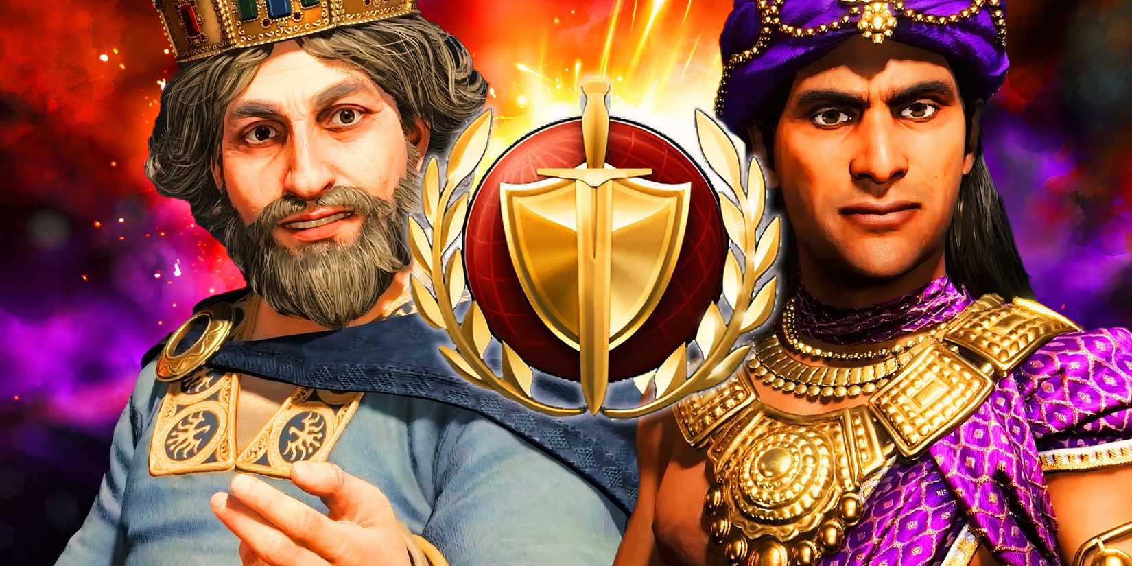 Charlemagne and Ashoka from Civilization 7 with military victory logo