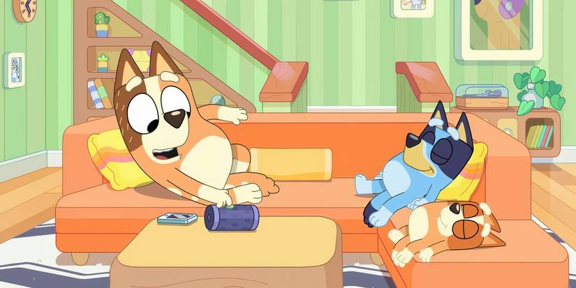 Chilli, Bluey, and Bingo lazing on the couch listening to their digital assistant in a Bluey minisode