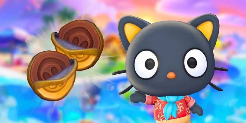 Chococat gesturing to Chocolate Coins in Hello Kitty Island Adventure