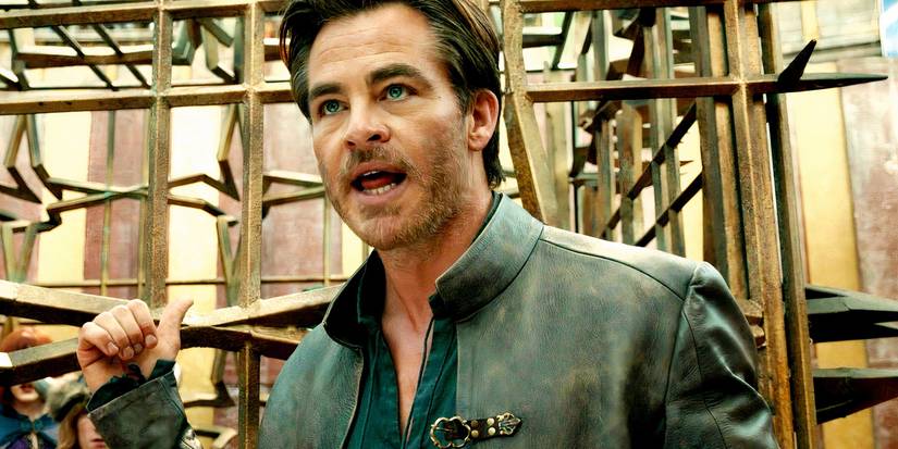 Chris Pine pointing to something behind him in Dungeons and Dragons Honor Among Thieves