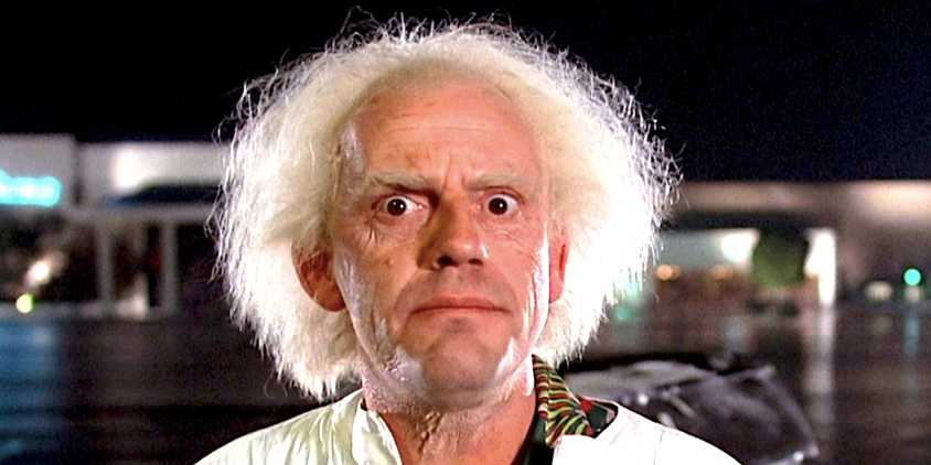 Christopher Lloyd's Doc Brown stares at the camera in Back to the Future