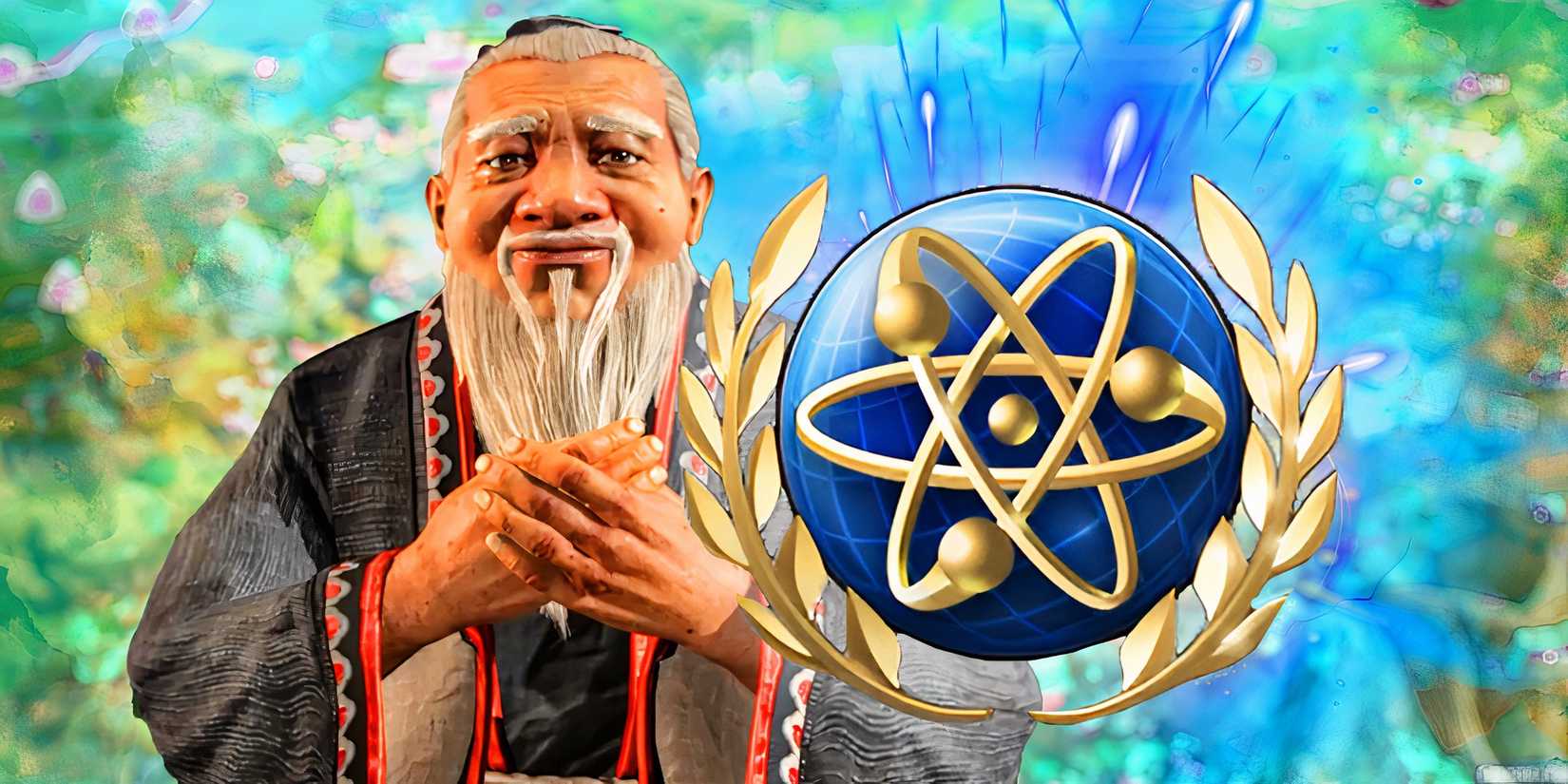 Confucius smiling next to Scientific Victory symbol with flowery background in Civ 7
