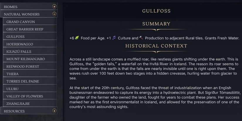 Civ 7 Gullfoss Natural Wonder Civilopedia Entry