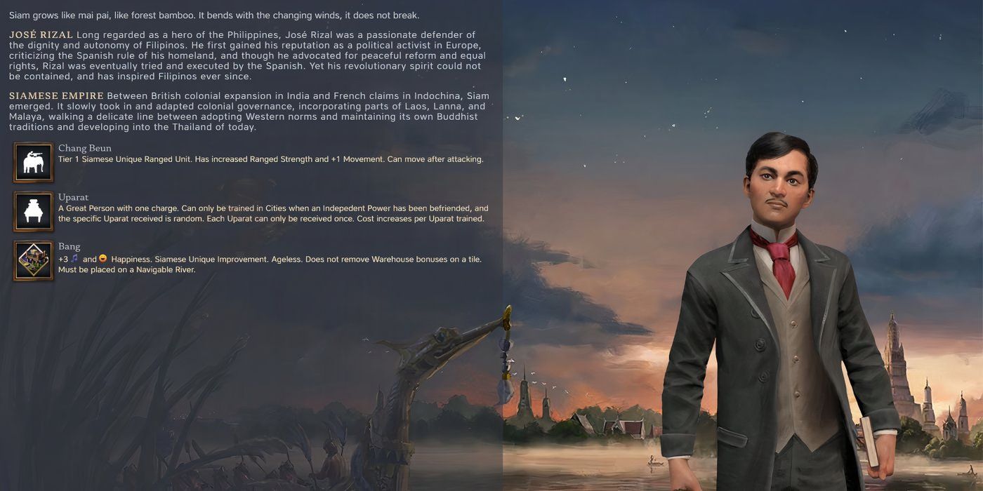 Civ 7 Jose Rizal pictured with background info on Siamese Empire