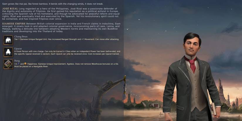Civ 7 Jose Rizal pictured with background info on Siamese Empire