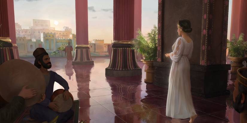 Woman walking through a palace with an onlooker in Civ 7's Persia Antiquity Age