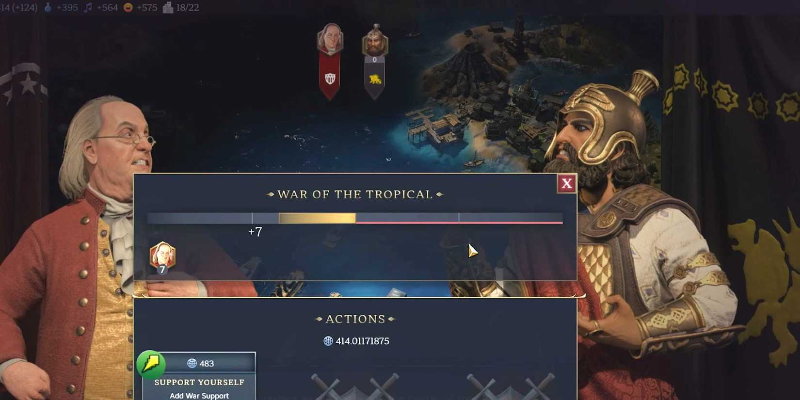 Civiliation 7 two leaders declaring war.