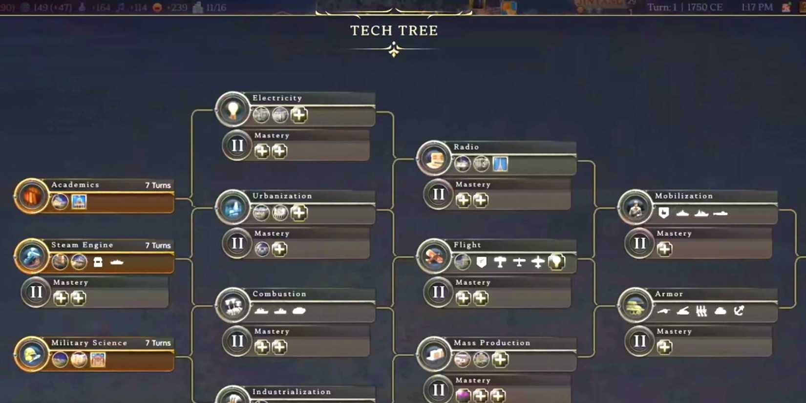 Civilization 7 tech tree showing all the upgrades.
