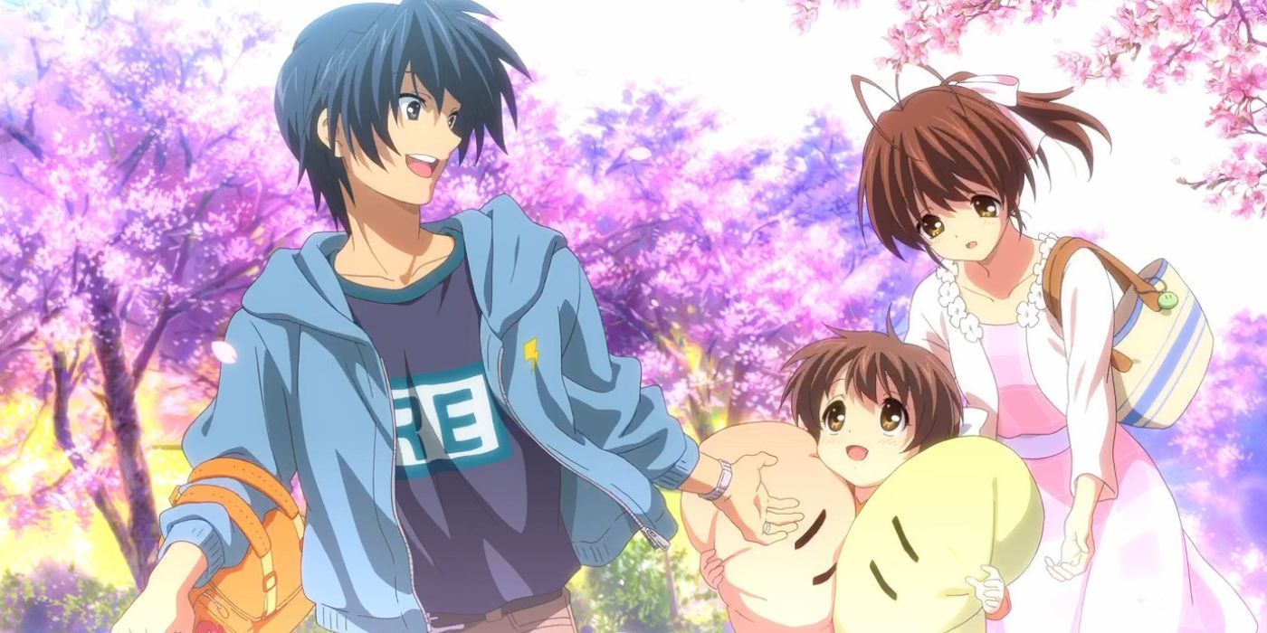 Clannad - Tomoya, Nagisa, and Ushio wakling together as a family