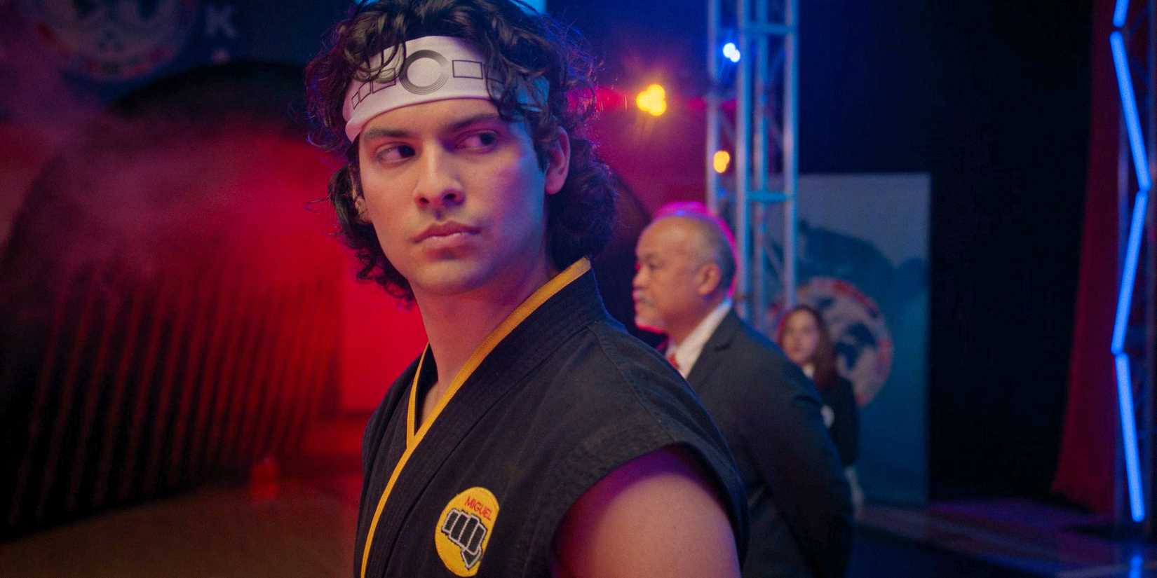 Miguel (Xolo Maridueña) as a member of the Cobra Kai dojo in Cobra Kai Season 6 Ep 13