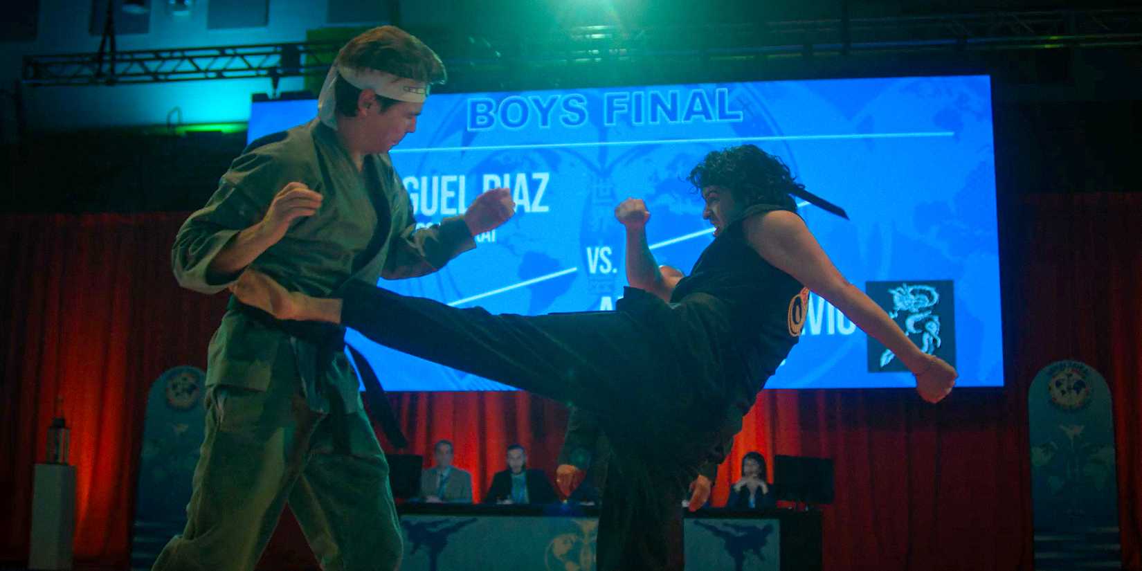 Axel (Patrick Luwis) and Miguel (Xolo Maridueña) face each other in the Sekai Taikai final in Cobra Kai Season 6 Ep 14
