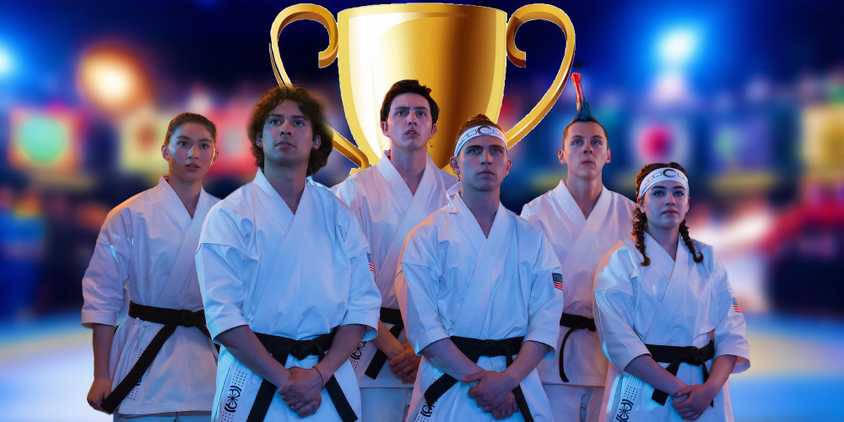 The Miyagi-do students in Cobra Kai season 6 (2024-2025) above a trophy and blurred image of the Sekai Taikai