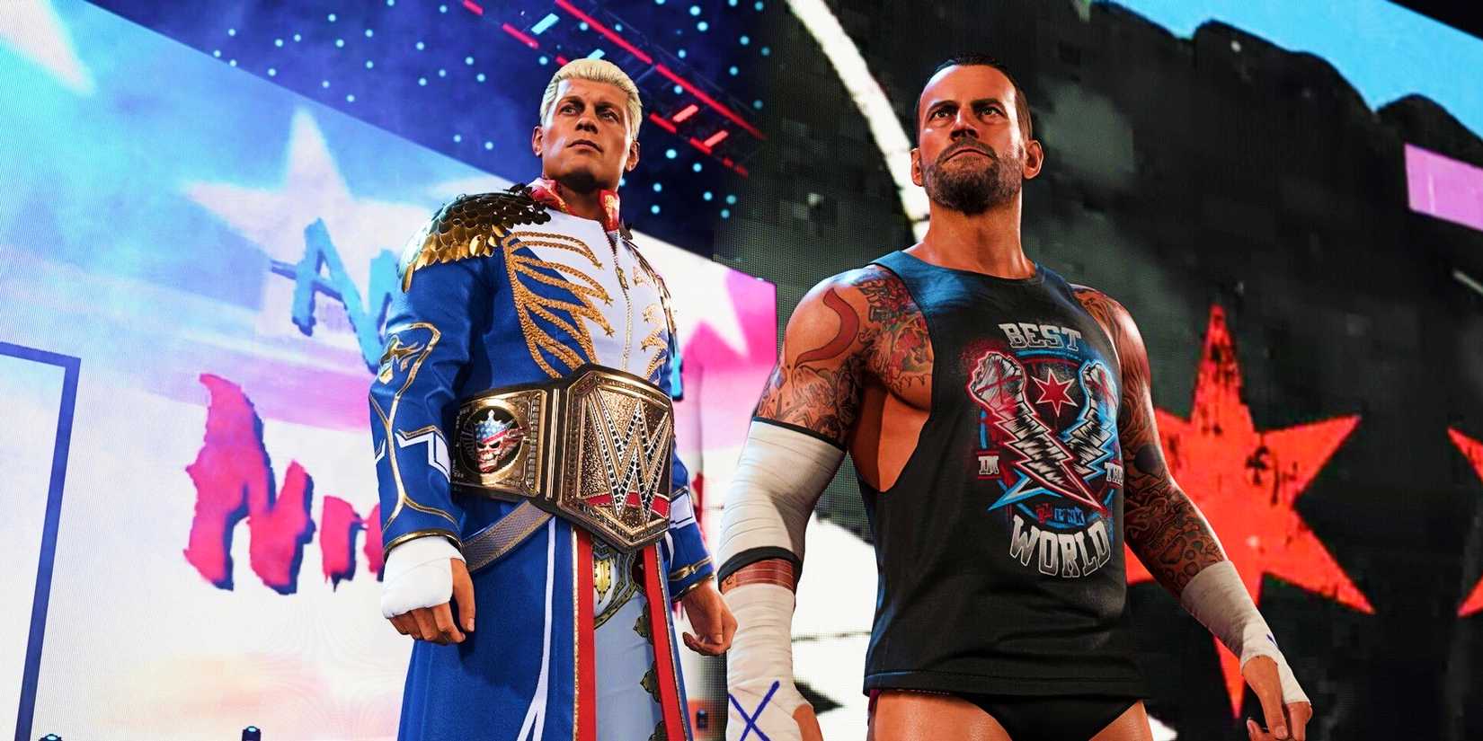 Cody Rhodes and CM Punk during their entrances in WWE 2K25.