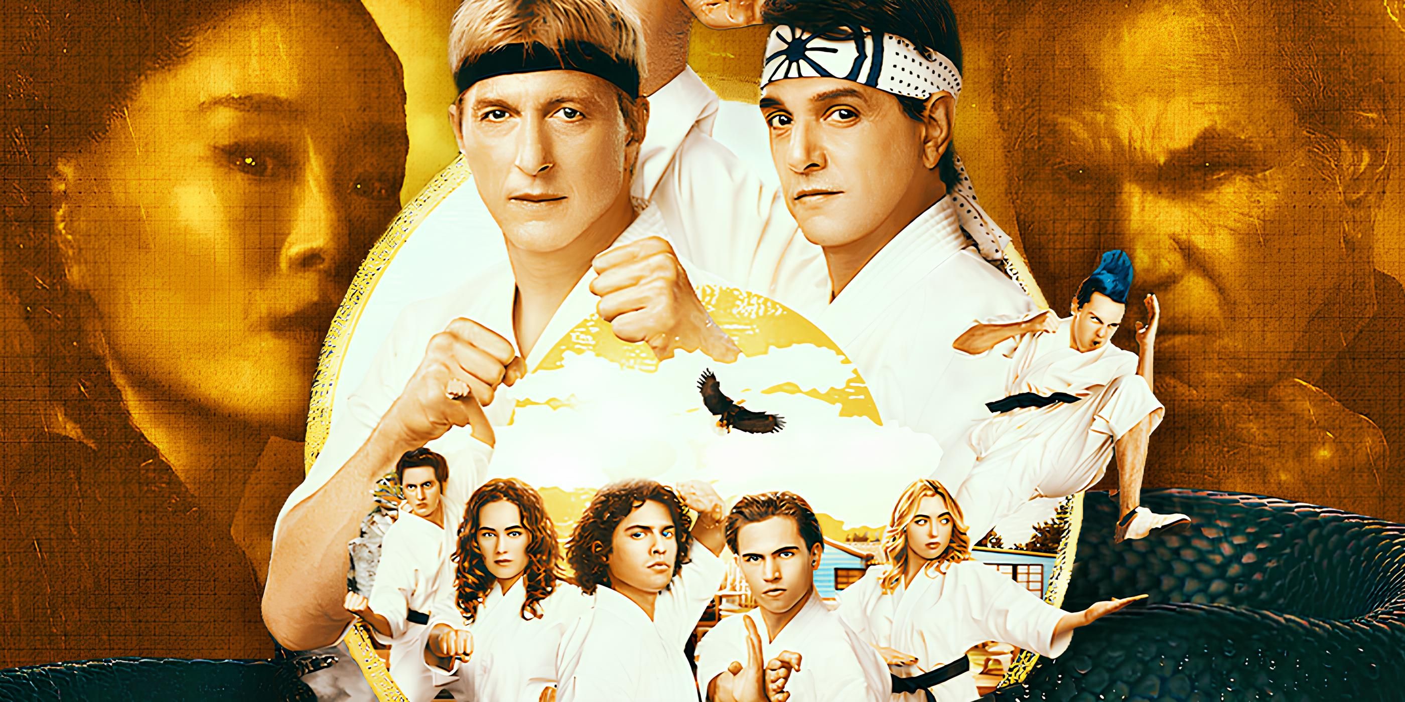 Collage of Characters from Cobra Kai Surrounded by a Snake