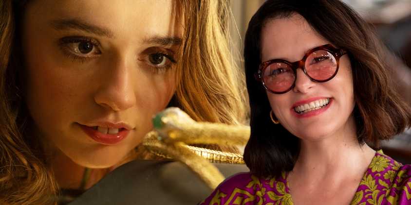 Collage of Chelsea (Aimee Lou Wood) and Victoria (Parker Posey) in White Lotus season 3 episode 2.