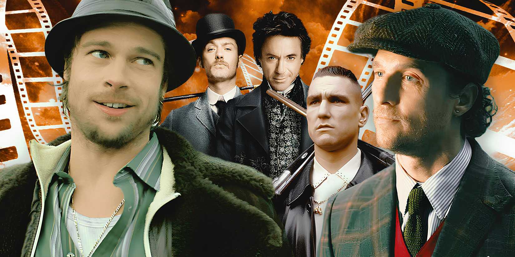 Collage of Guy Ritchie Characters including Robert Downey Jr. Brad Pitt Jude Law and Matthew McConaughey