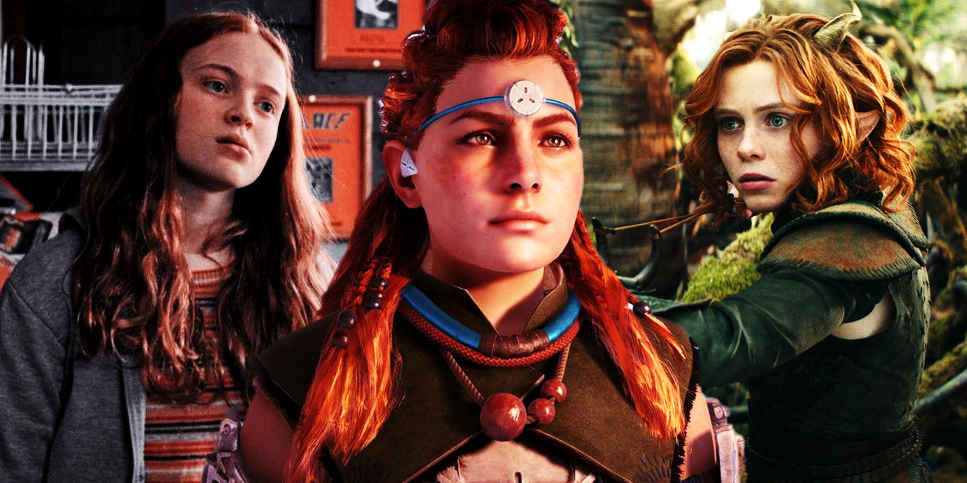 Collage of Sadie Sink in Stranger Things, Aloy in Horizon Zero Dawn, and Sophia Lillis in Dungeons and Dragons Honor Among Thieves