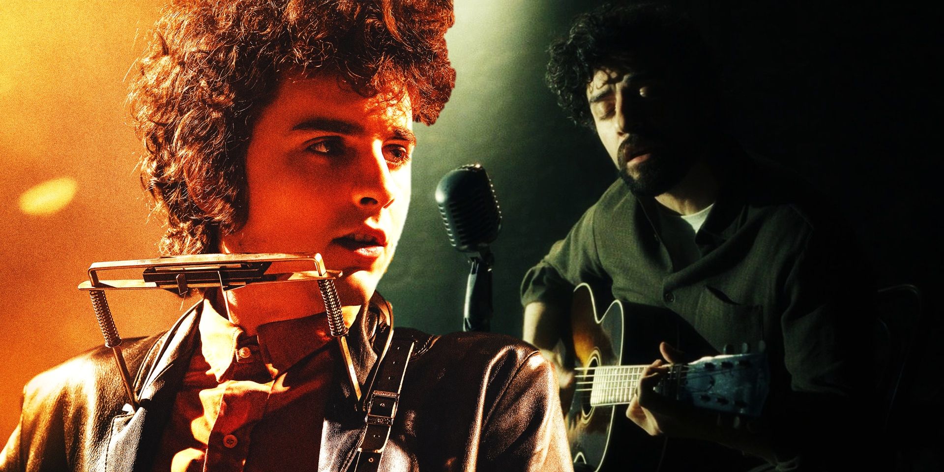 Collage of Timothee Chalamet in A Complete Unknown and Oscar Isaac in Inside Llewyn Davis