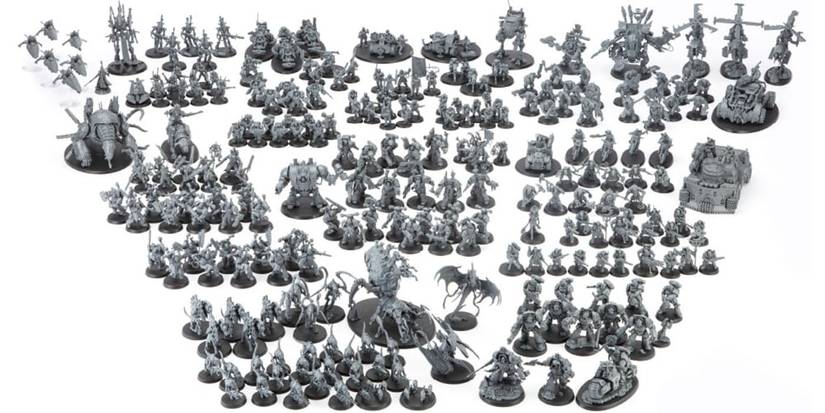 The contents of the Combat Patrol Subscription, featuring 9 different armies from Warhammer 40K
