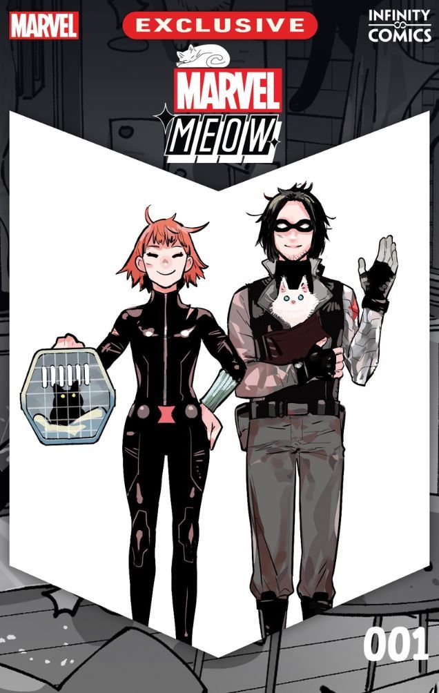 Bucky Barnes und schwarze Witwe mit ihren Katzen im Cover von Marvel Meow #1