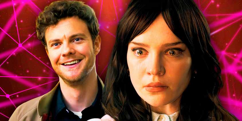 Companion 2025 movie Josh smiling and Iris scared