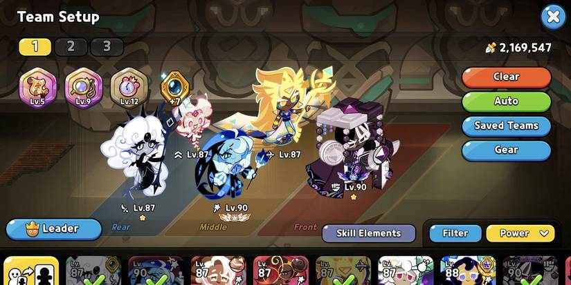 Cookie Run Kingdom Team Setup Containing Dark Cacao, Golden Cheese, Snapdragon, Shadow Milk and Black Pearl Cookie