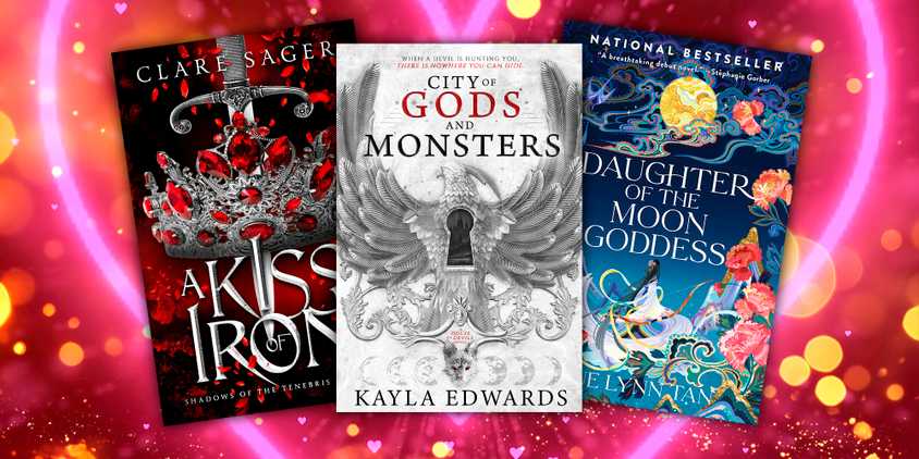 covers of A Kiss Of Iron, City of Gods and Monsters, and Daughter Of The Moon Goddess